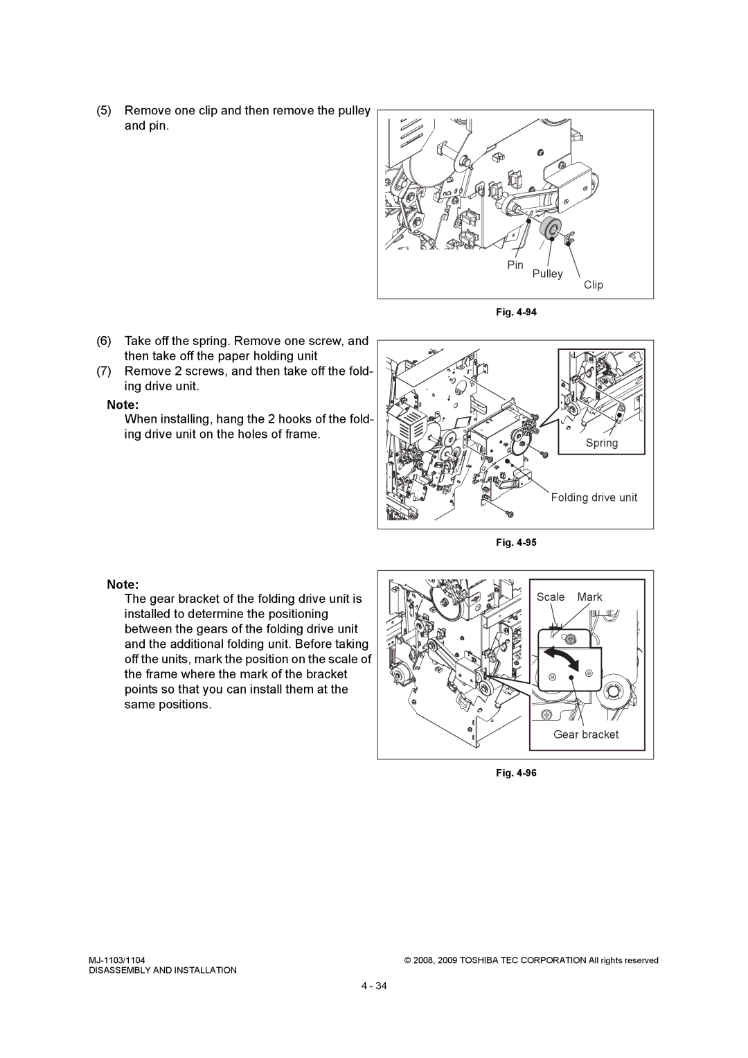 Toshiba MJ-1104, MJ-1103 Remove one clip and then remove the pulley and pin, Pin Pulley, Spring Folding drive unit 