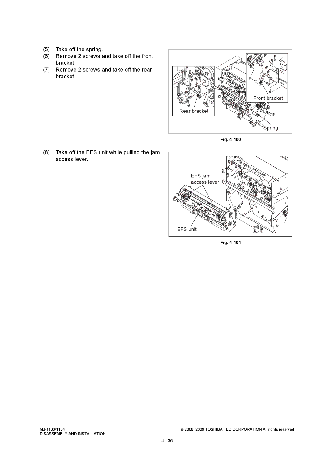 Toshiba MJ-1104, MJ-1103 service manual Rear bracket, EFS jam, Access lever 