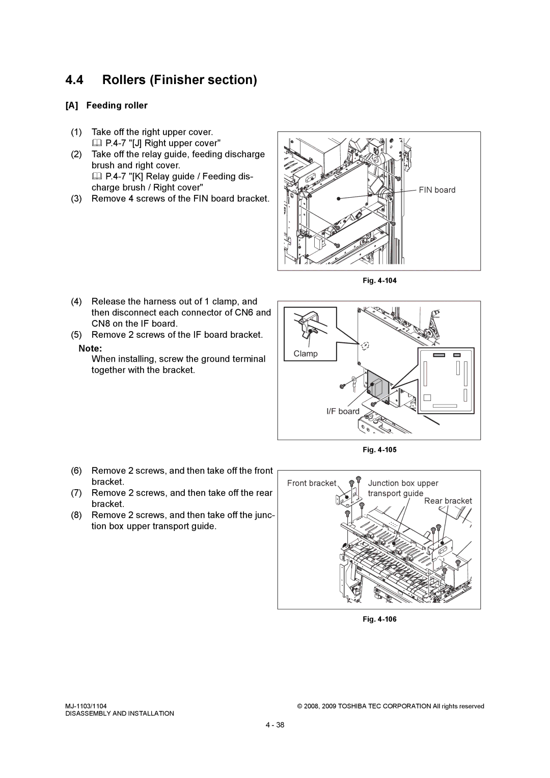 Toshiba MJ-1104, MJ-1103 Rollers Finisher section, Feeding roller, Board, Front bracket Junction box upper Transport guide 