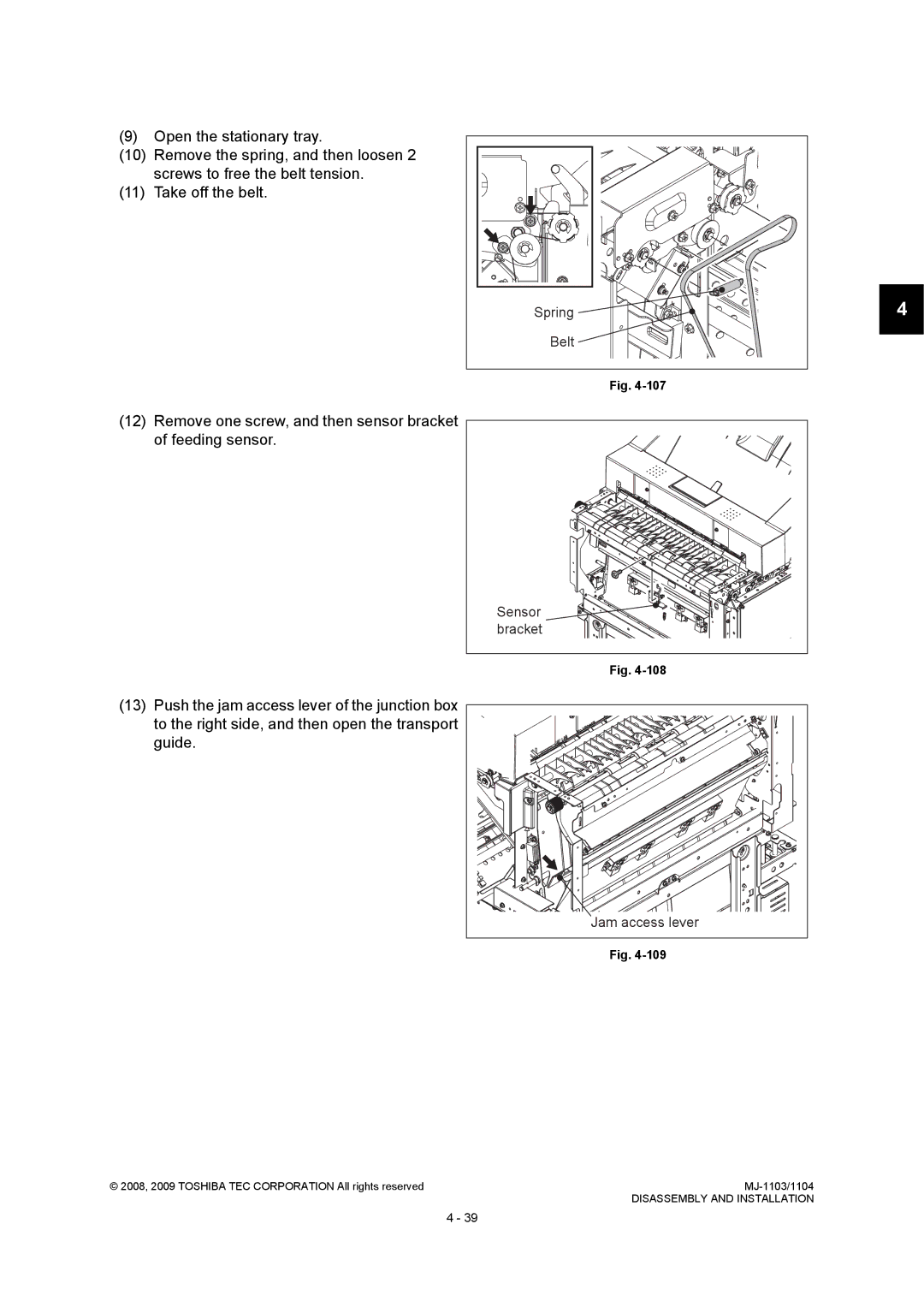 Toshiba MJ-1103, MJ-1104 Remove one screw, and then sensor bracket of feeding sensor, Sensor, Jam access lever 