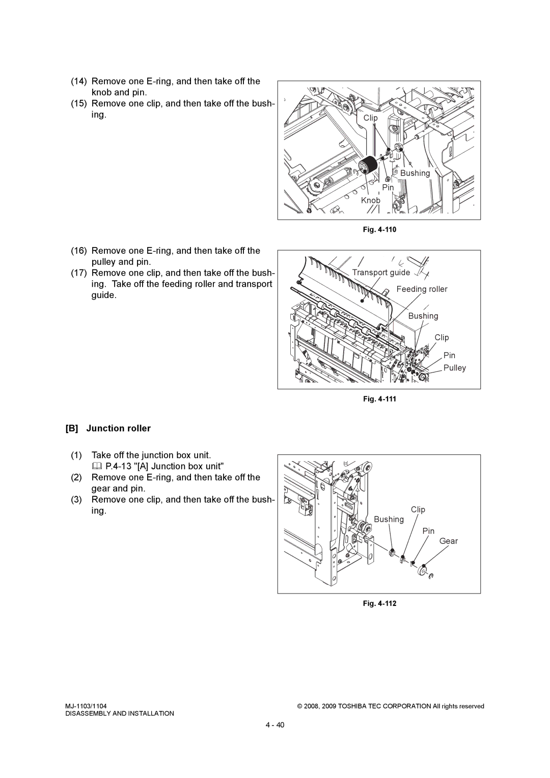 Toshiba MJ-1104, MJ-1103 service manual Junction roller, Knob, Pulley, Pin Gear 