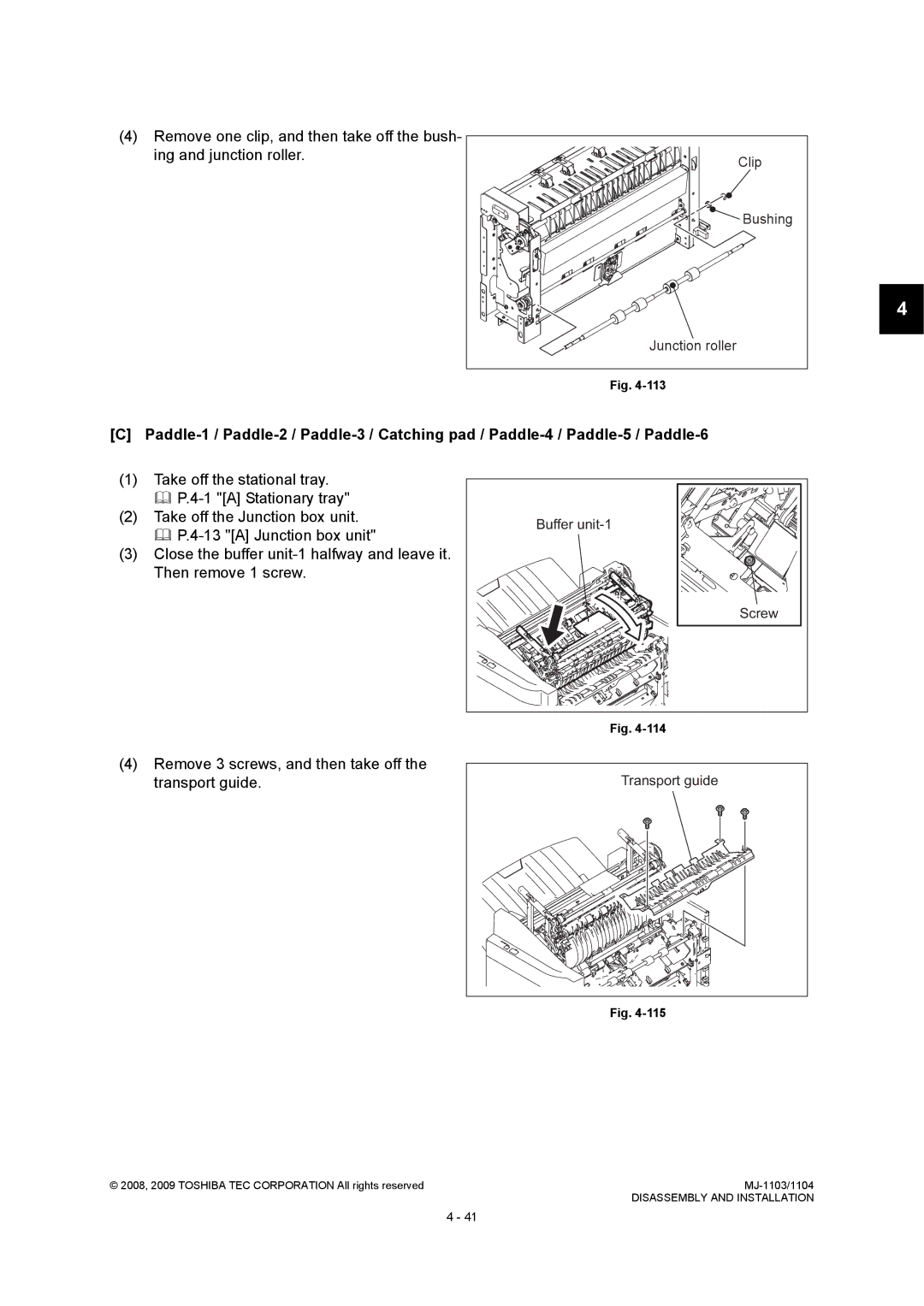 Toshiba MJ-1103, MJ-1104 service manual Remove 3 screws, and then take off the transport guide, Clip, Junction roller, Screw 