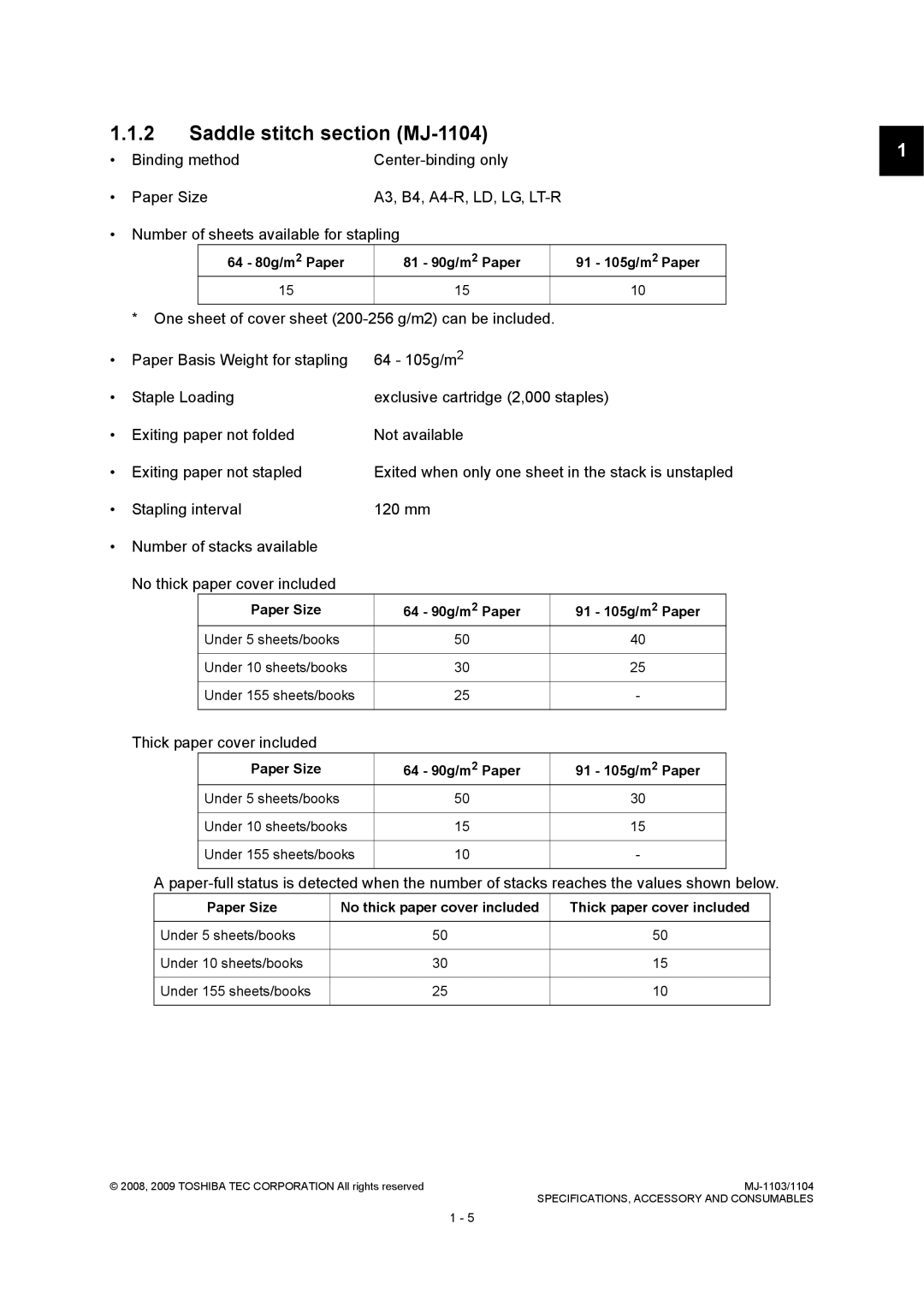 Toshiba MJ-1103 service manual Saddle stitch section MJ-1104, Thick paper cover included, 91 105g/m2 Paper 