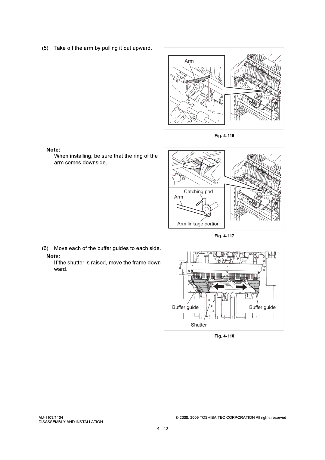 Toshiba MJ-1104, MJ-1103 service manual Take off the arm by pulling it out upward, Catching pad Arm Arm linkage portion 