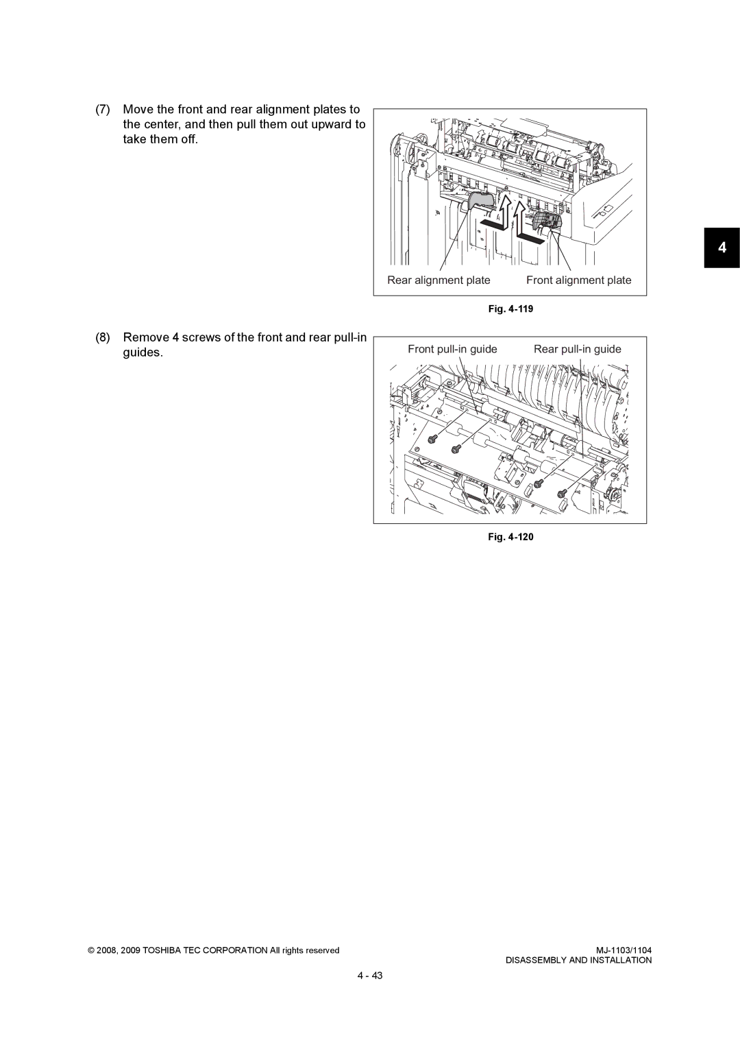 Toshiba MJ-1103, MJ-1104 service manual Rear alignment plate, Front pull-in guide 