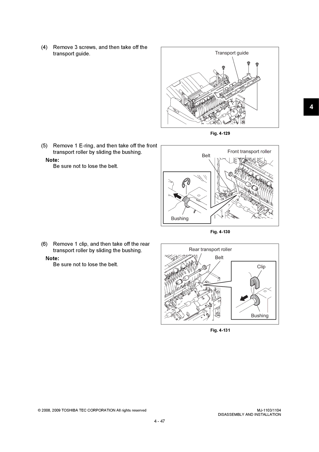 Toshiba MJ-1103, MJ-1104 service manual Remove 3 screws, and then take off the transport guide, Rear transport roller 