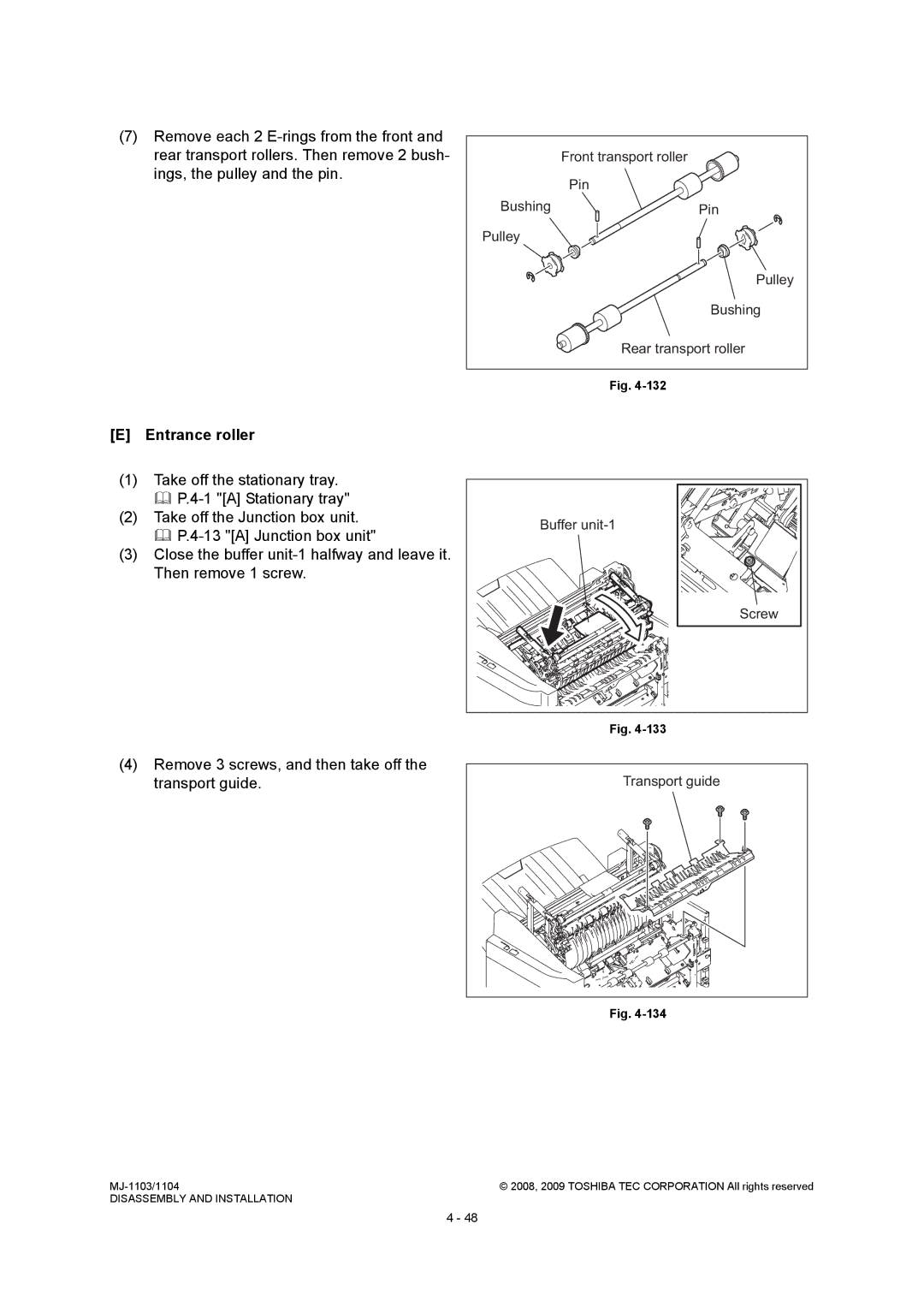 Toshiba MJ-1104, MJ-1103 service manual Entrance roller, Front transport roller, Pulley Bushing Rear transport roller 