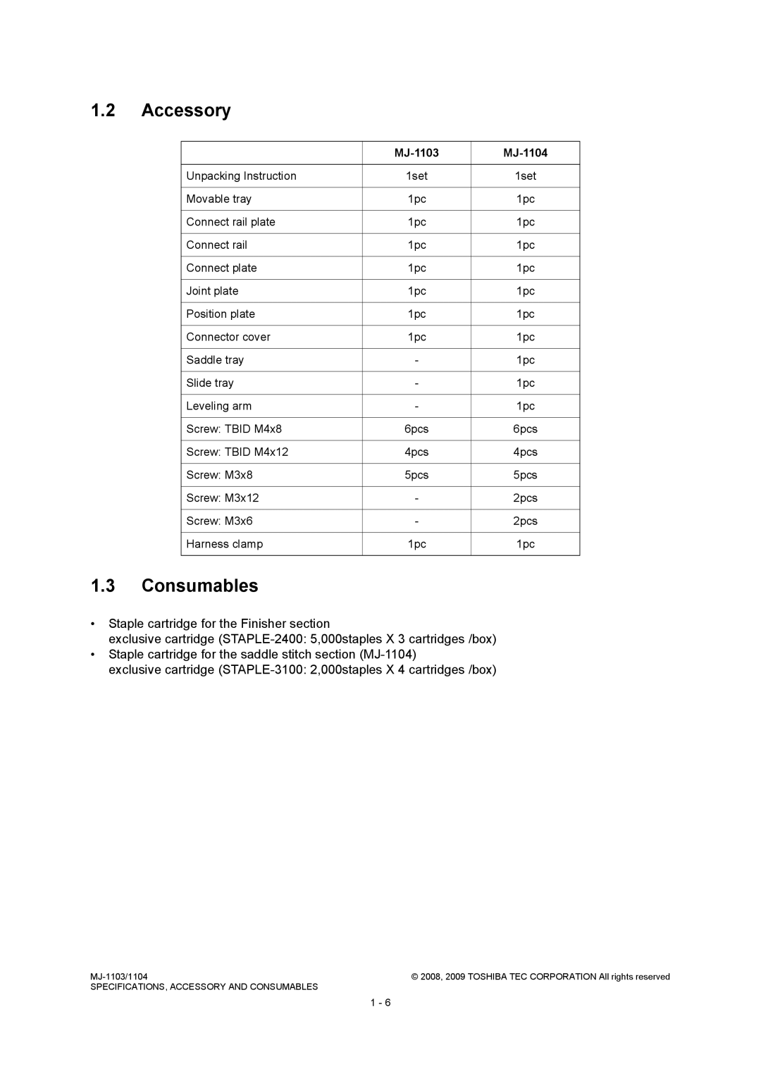 Toshiba service manual Accessory, Consumables, MJ-1103 MJ-1104 