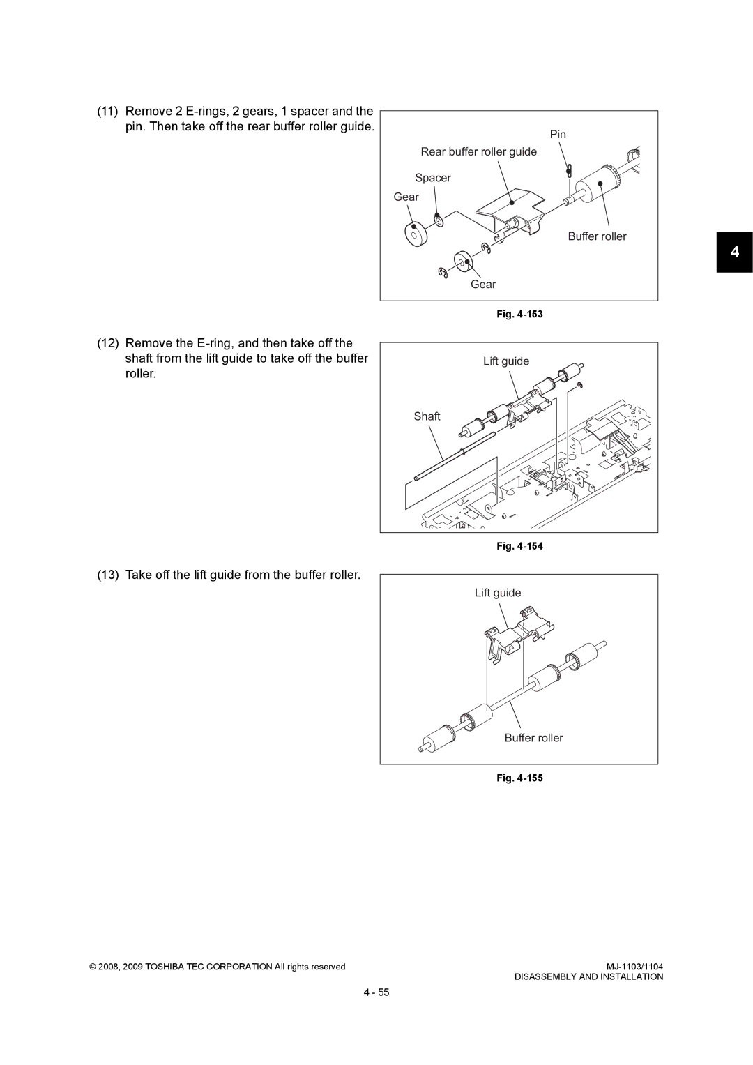 Toshiba MJ-1103, MJ-1104 Take off the lift guide from the buffer roller, Rear buffer roller guide, Spacer, Lift guide 