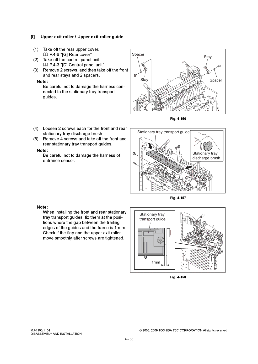 Toshiba MJ-1104, MJ-1103 Upper exit roller / Upper exit roller guide, When installing the front and rear stationary 