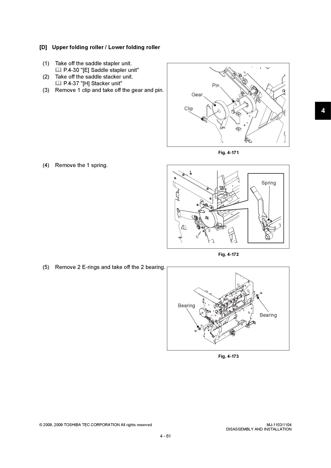 Toshiba MJ-1103, MJ-1104 Upper folding roller / Lower folding roller, Remove 2 E-rings and take off the 2 bearing, Bearing 