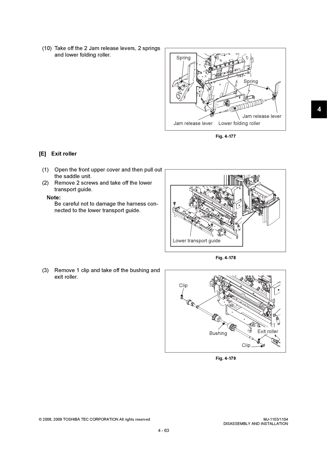 Toshiba MJ-1103, MJ-1104 Jam release lever Lower folding roller, Lower transport guide, Clip Bushing Exit roller 