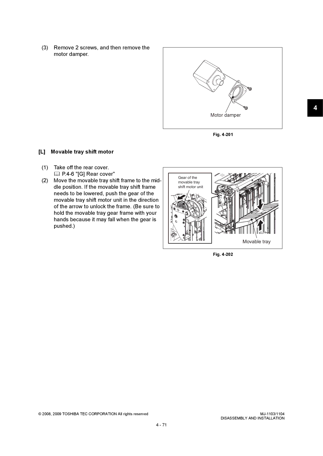 Toshiba MJ-1103, MJ-1104 service manual Remove 2 screws, and then remove the motor damper, Movable tray shift motor 