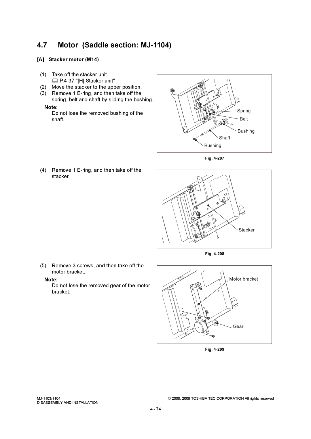 Toshiba MJ-1103 service manual Motor Saddle section MJ-1104, Stacker motor M14, Motor bracket Gear 