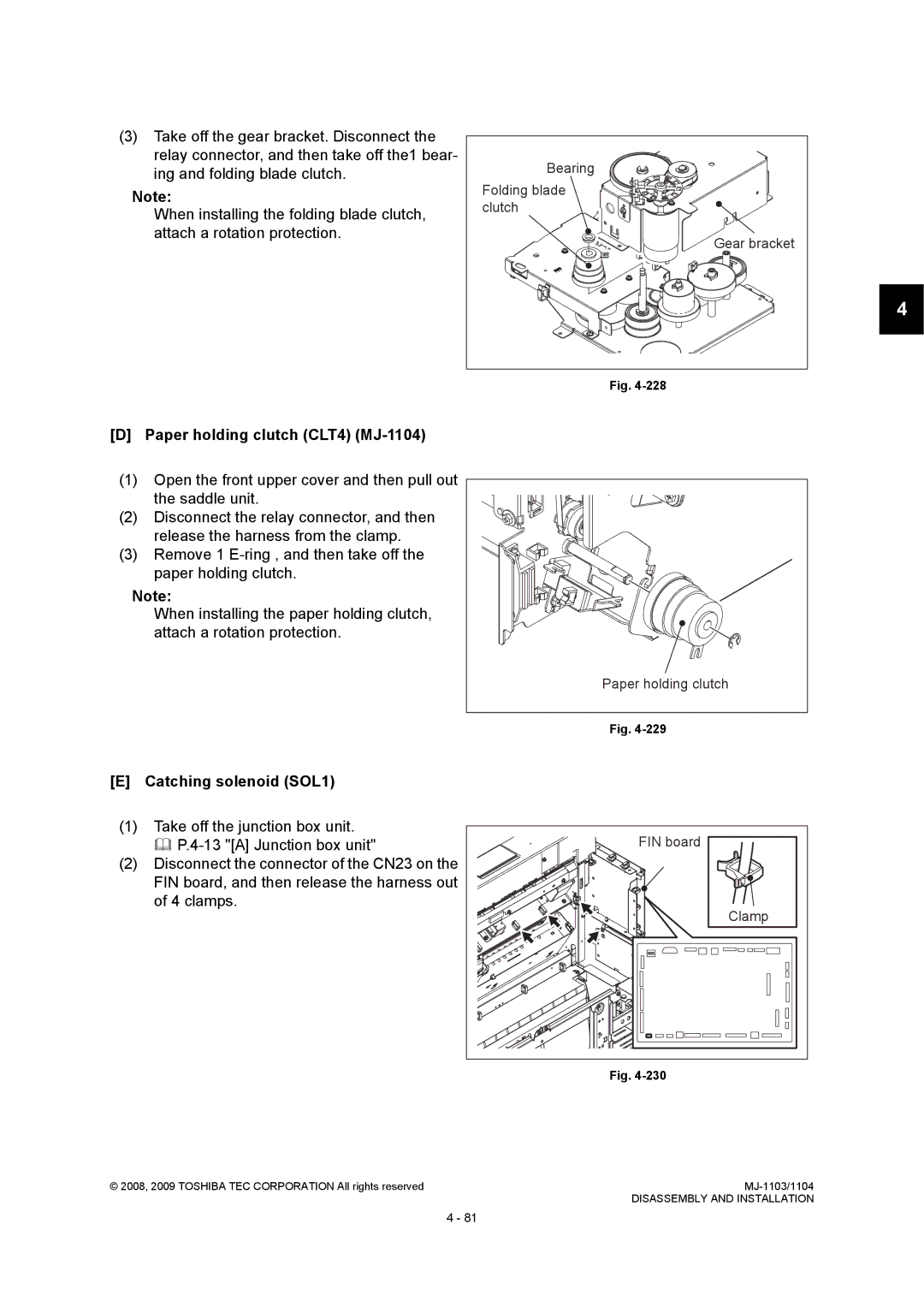 Toshiba MJ-1103 service manual Paper holding clutch CLT4 MJ-1104, Catching solenoid SOL1 