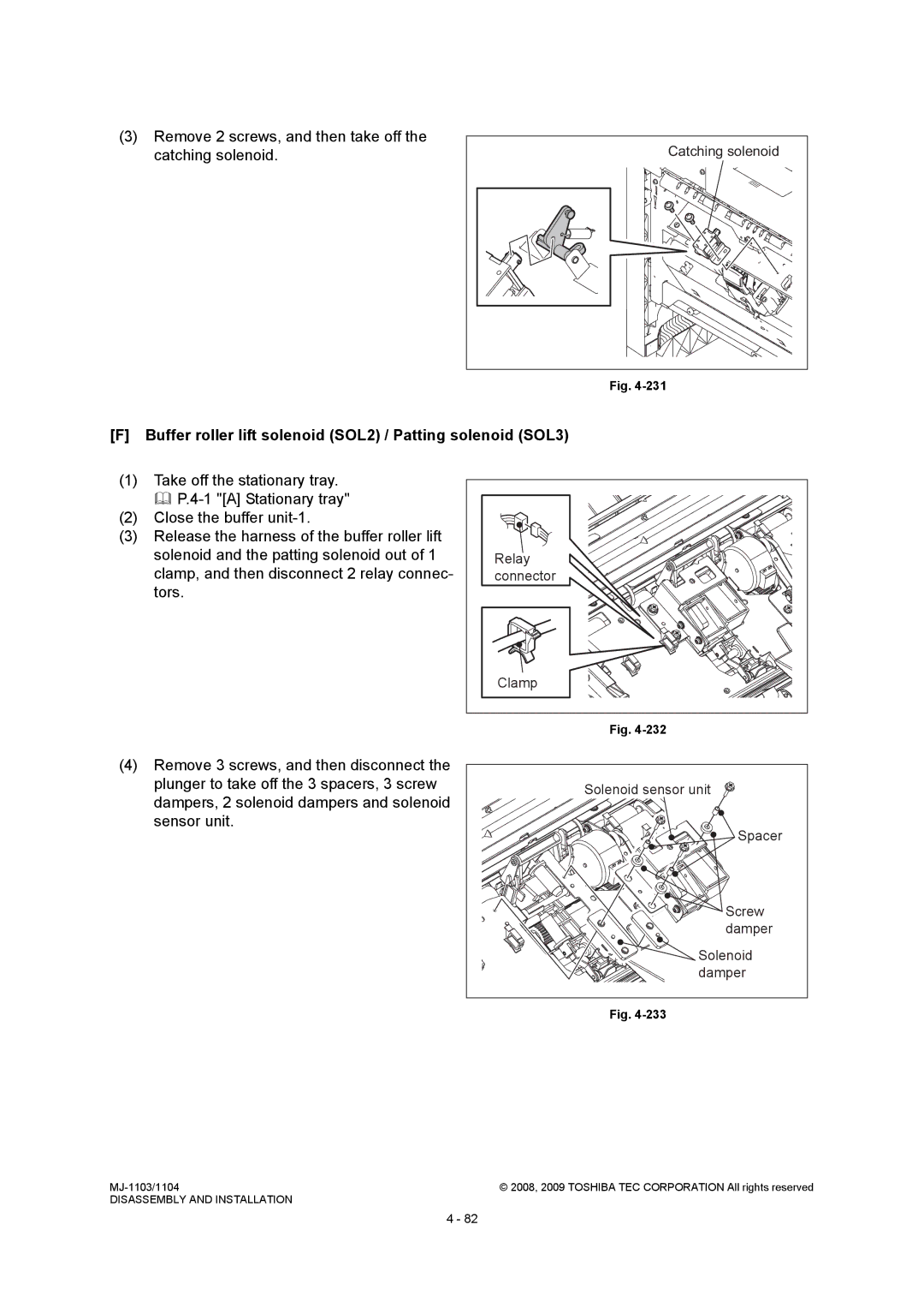 Toshiba MJ-1104, MJ-1103 Remove 2 screws, and then take off the catching solenoid, Solenoid sensor unit, Damper 