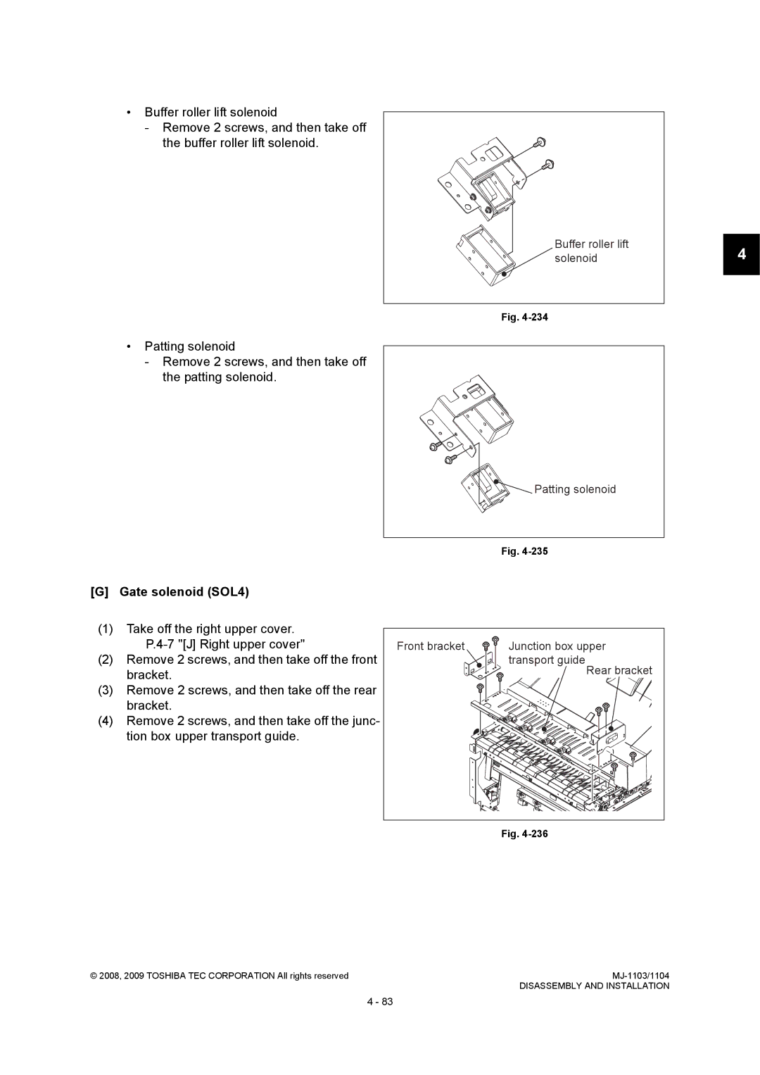 Toshiba MJ-1103, MJ-1104 service manual Gate solenoid SOL4, Buffer roller lift solenoid Patting solenoid 