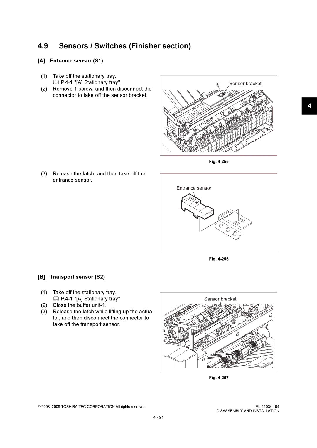 Toshiba MJ-1103, MJ-1104 Sensors / Switches Finisher section, Entrance sensor S1, Transport sensor S2, Sensor bracket 