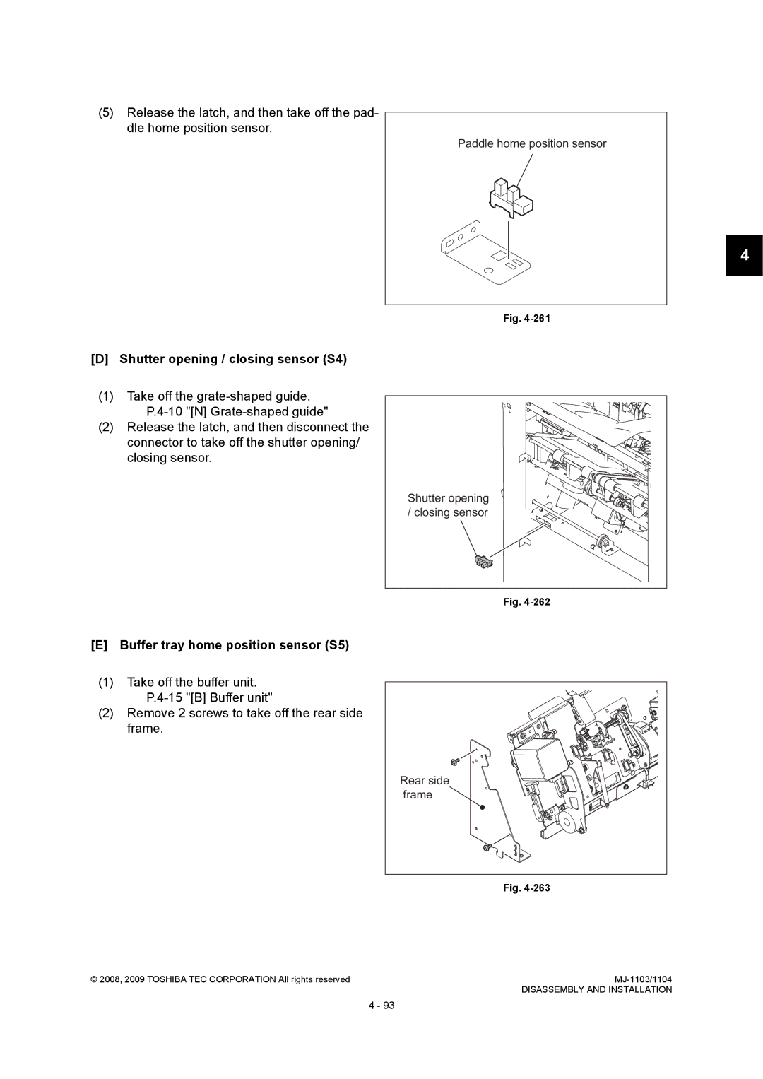 Toshiba MJ-1103, MJ-1104 Shutter opening / closing sensor S4, Buffer tray home position sensor S5, Closing sensor 