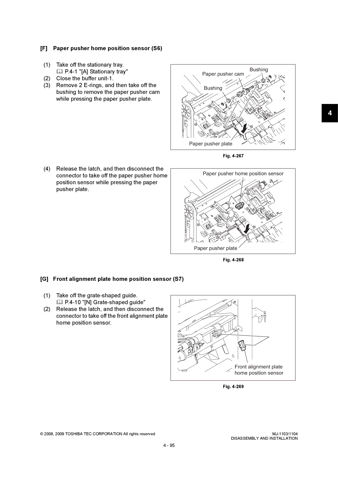 Toshiba MJ-1103 Paper pusher home position sensor S6, Front alignment plate home position sensor S7, Paper pusher cam 