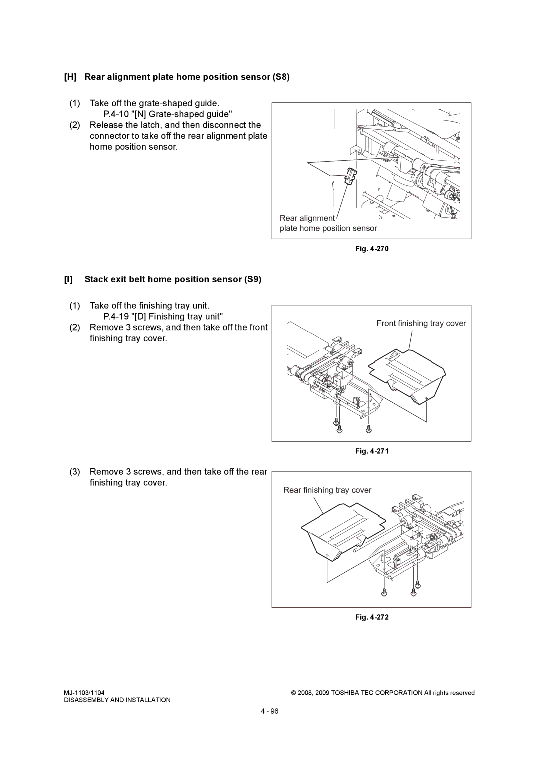 Toshiba MJ-1104, MJ-1103 Rear alignment plate home position sensor S8, Stack exit belt home position sensor S9 