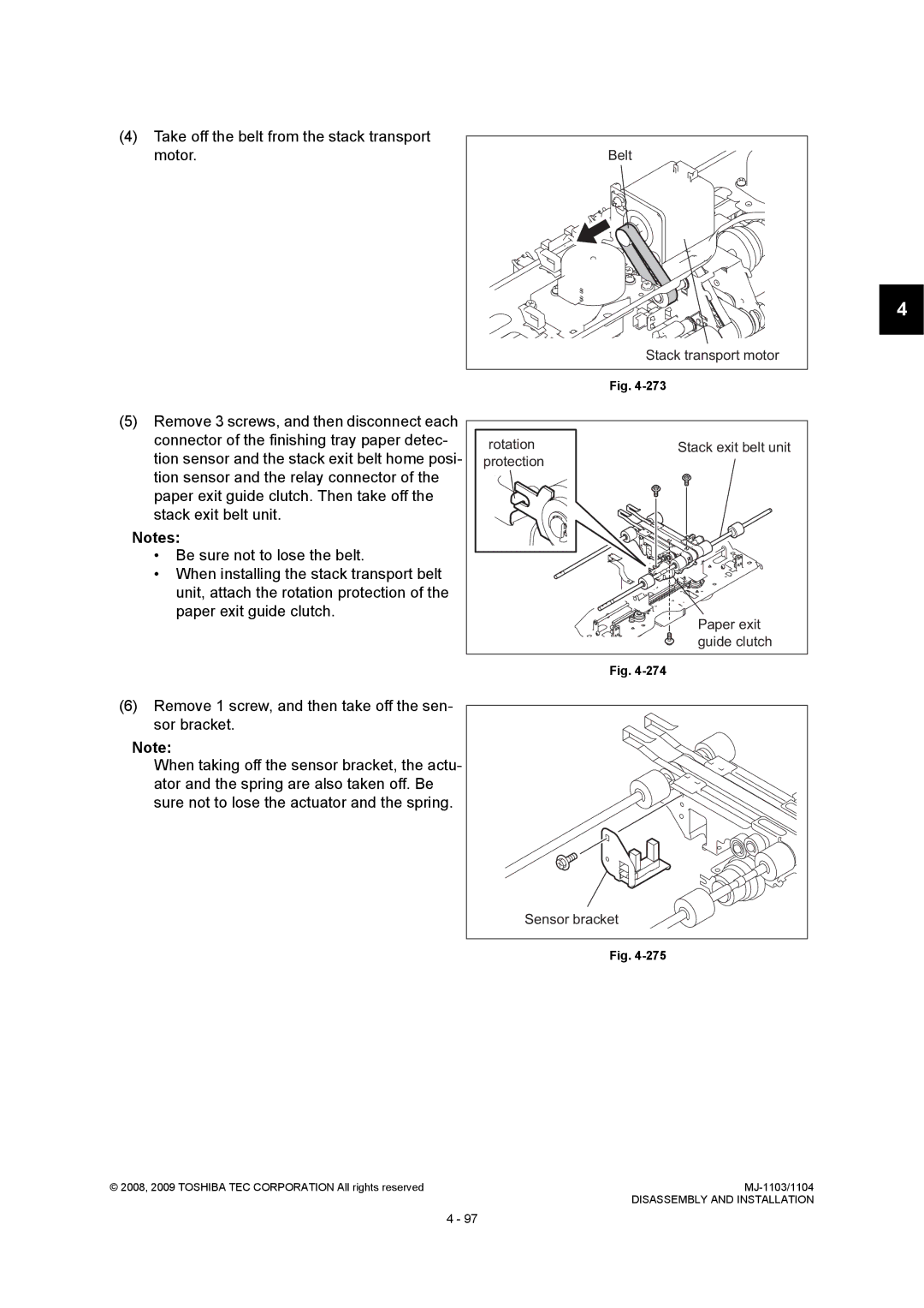 Toshiba MJ-1103, MJ-1104 service manual Take off the belt from the stack transport motor, Belt 