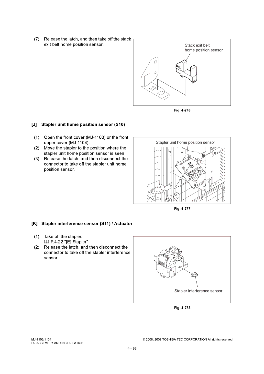 Toshiba MJ-1104, MJ-1103 service manual Stapler unit home position sensor S10, Stapler interference sensor S11 / Actuator 