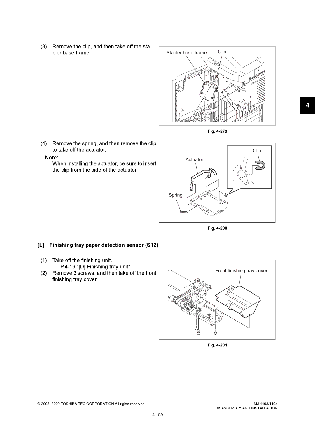 Toshiba MJ-1103 Remove the clip, and then take off the sta- pler base frame, Finishing tray paper detection sensor S12 