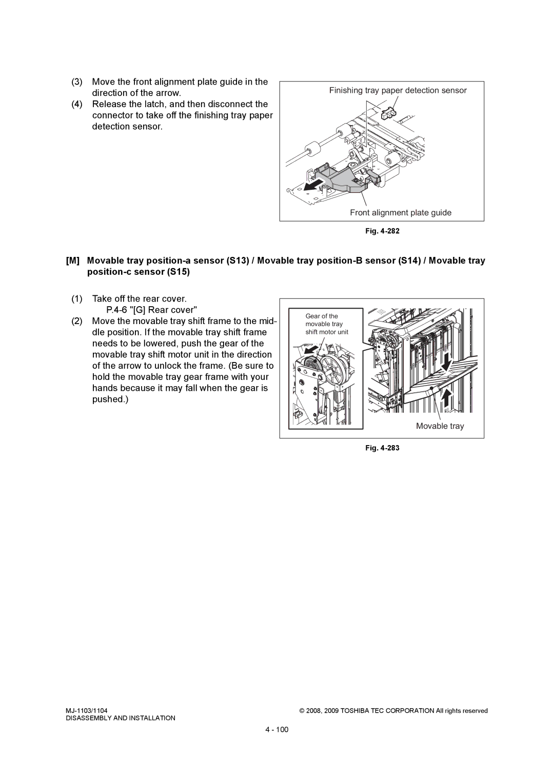 Toshiba MJ-1104, MJ-1103 service manual Front alignment plate guide, Movable tray 