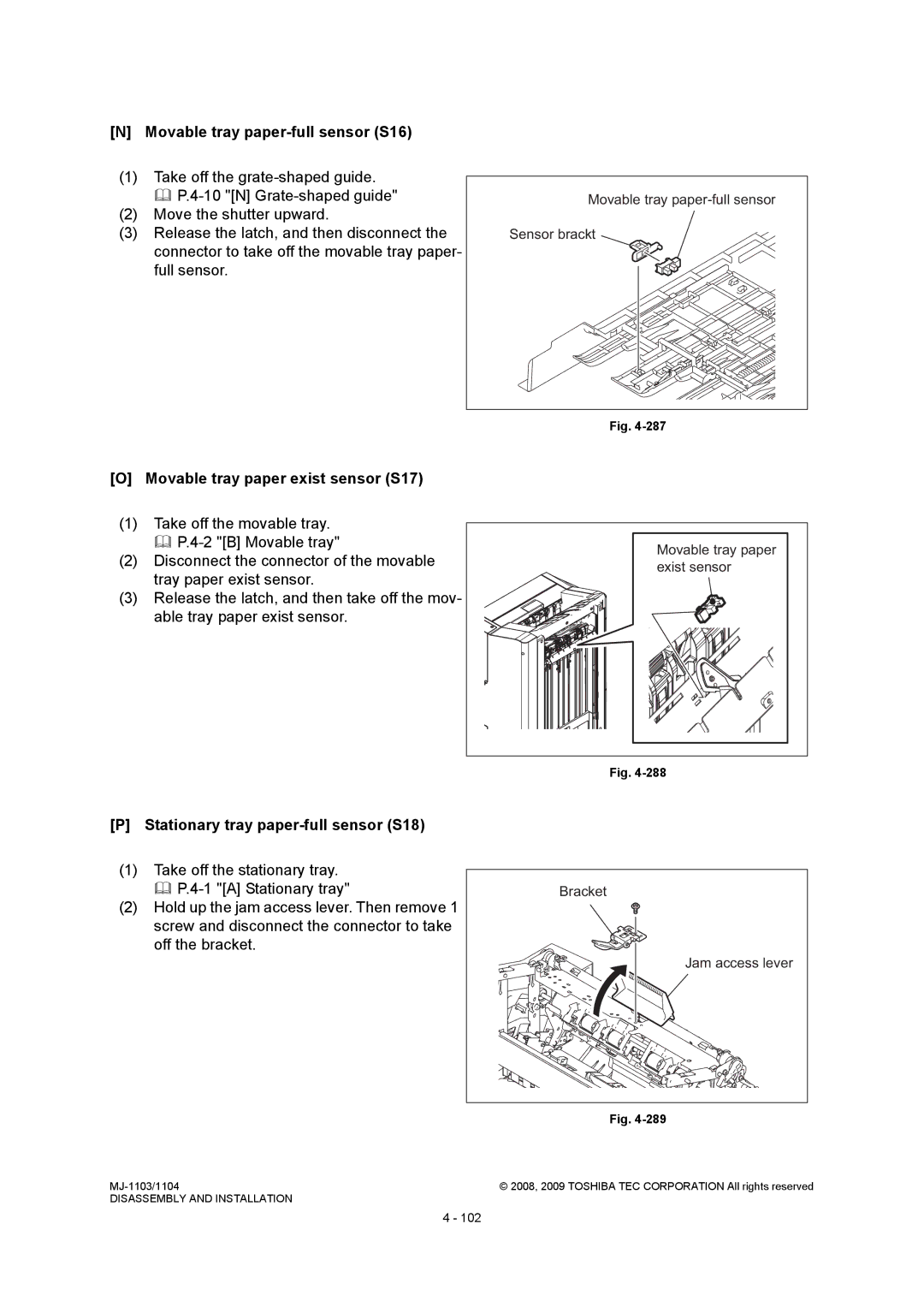 Toshiba MJ-1104, MJ-1103 service manual Movable tray paper-full sensor S16, Movable tray paper exist sensor S17 