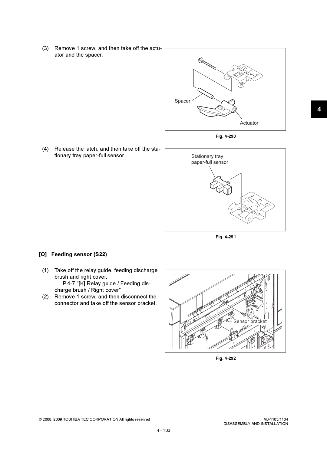 Toshiba MJ-1103, MJ-1104 service manual Feeding sensor S22, Spacer Actuator Stationary tray paper-full sensor 