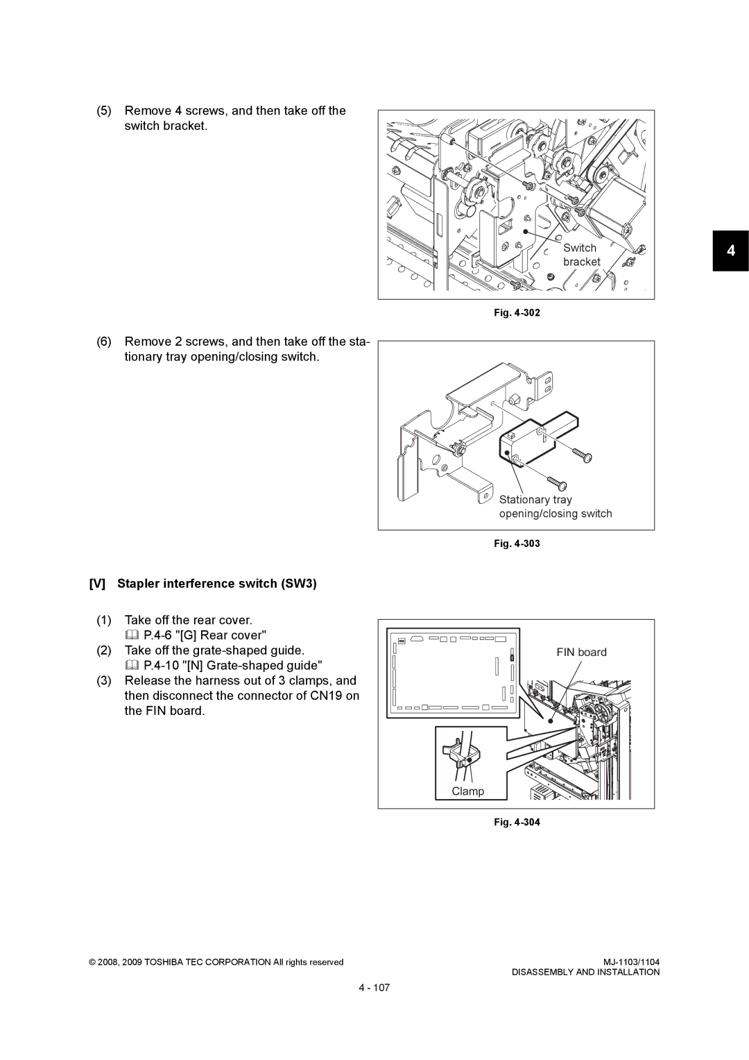 Toshiba MJ-1103 Remove 4 screws, and then take off the switch bracket, Stapler interference switch SW3, Switch bracket 