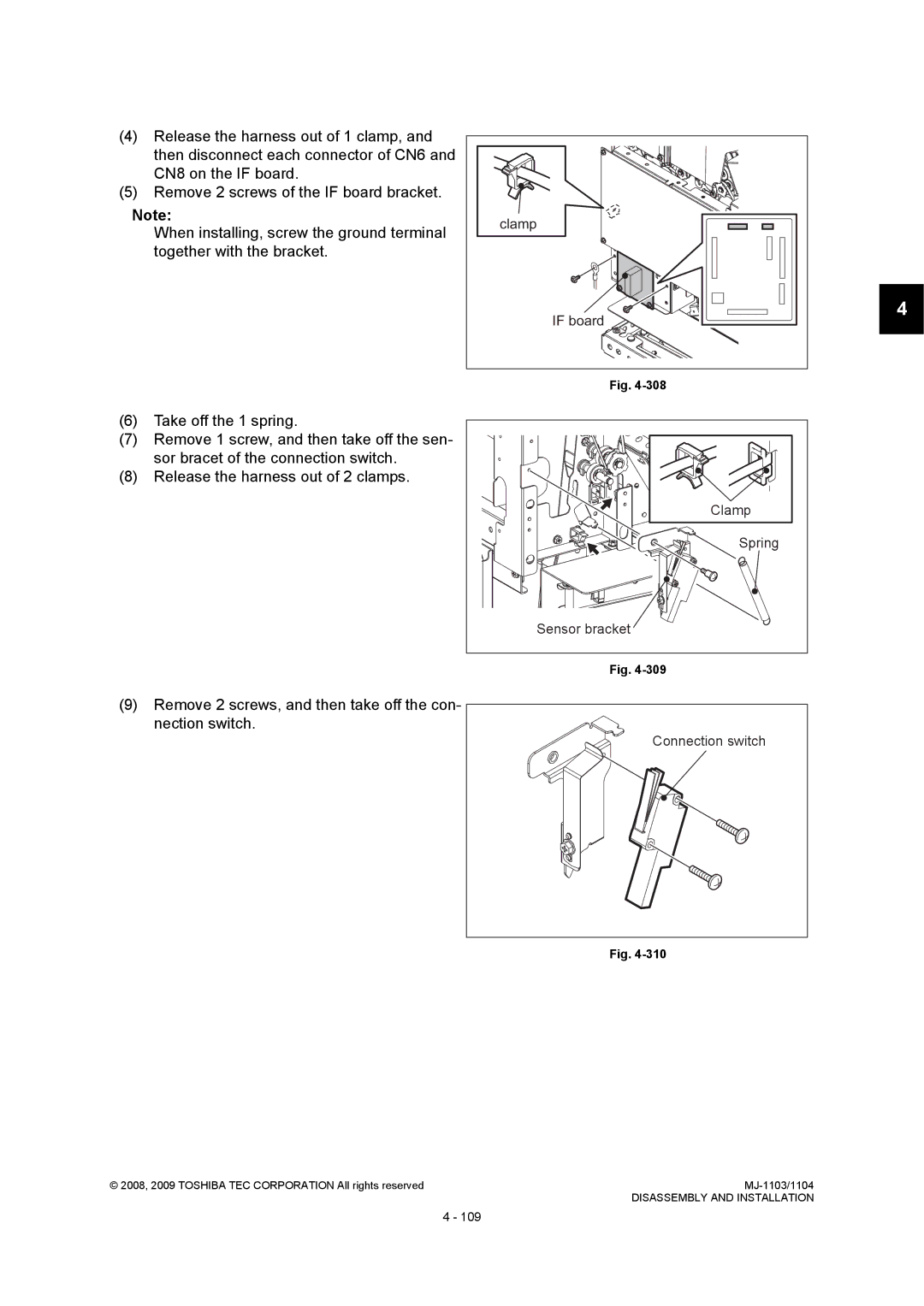 Toshiba MJ-1103, MJ-1104 service manual Remove 2 screws, and then take off the con Nection switch, Connection switch 