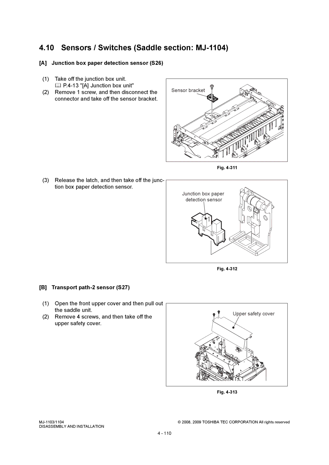 Toshiba Sensors / Switches Saddle section MJ-1104, Junction box paper detection sensor S26, Transport path-2 sensor S27 