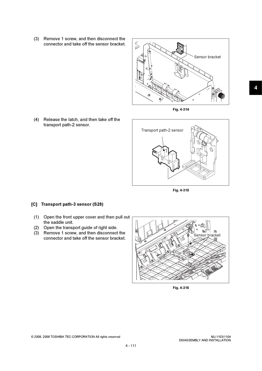 Toshiba MJ-1103, MJ-1104 service manual Transport path-3 sensor S28, Transport path-2 sensor 