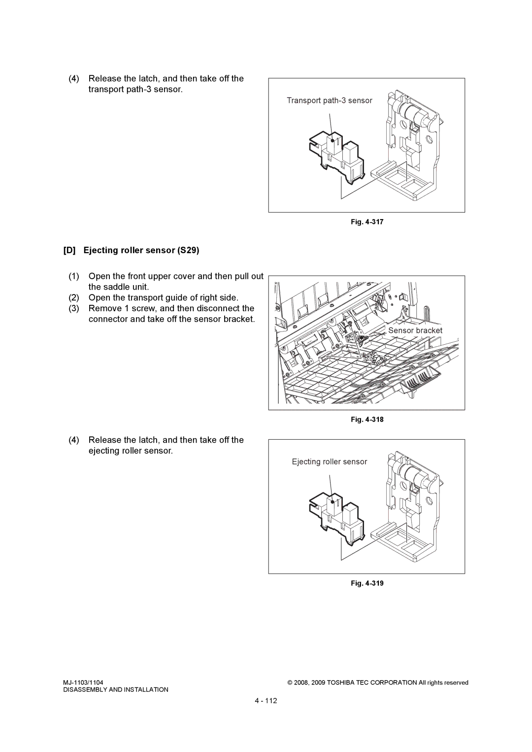 Toshiba MJ-1104, MJ-1103 service manual Ejecting roller sensor S29, Transport path-3 sensor 