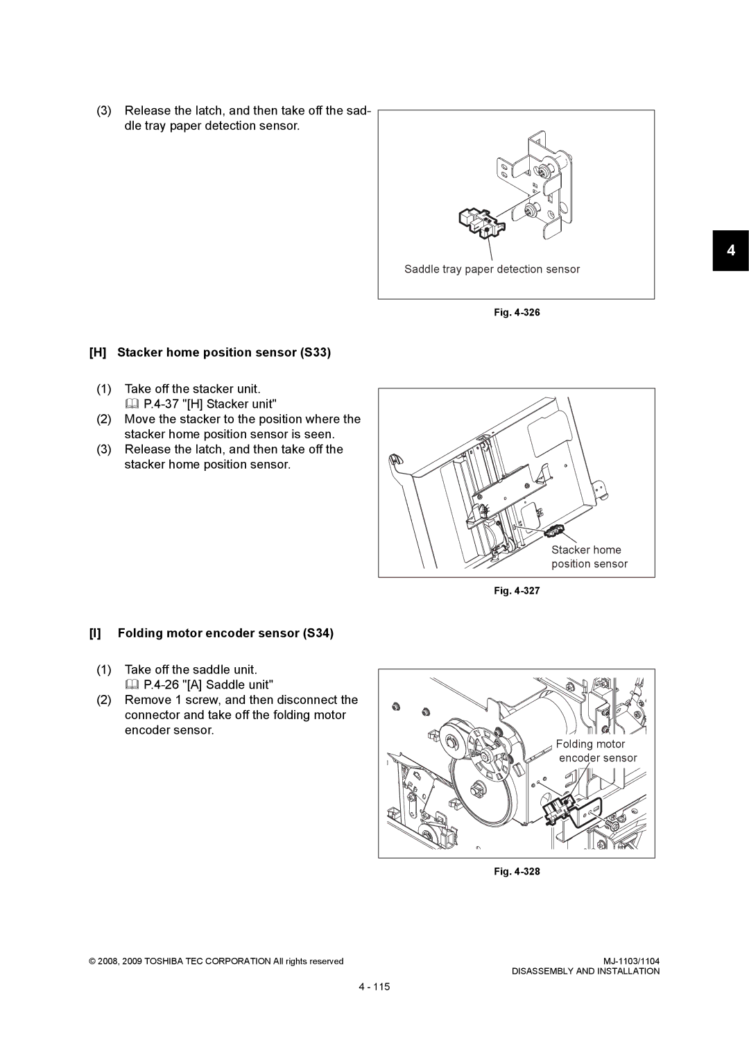 Toshiba MJ-1103, MJ-1104 service manual Stacker home position sensor S33, Folding motor encoder sensor S34, Stacker guide 