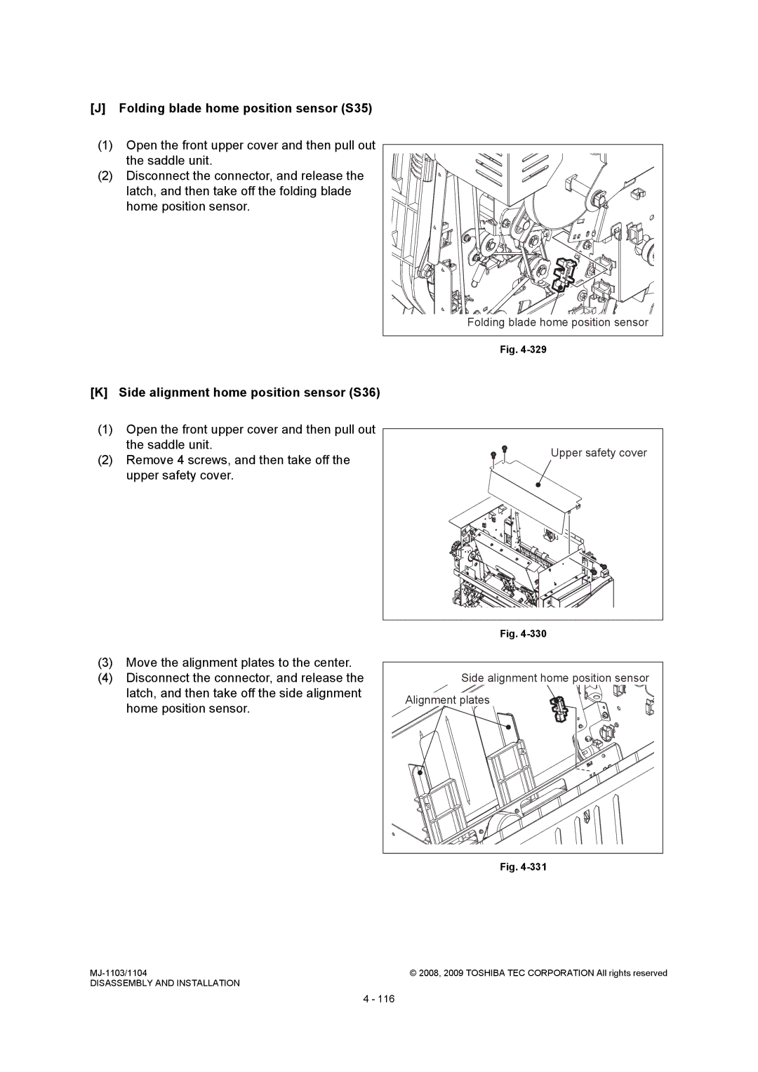 Toshiba MJ-1104, MJ-1103 service manual Folding blade home position sensor S35, Side alignment home position sensor S36 