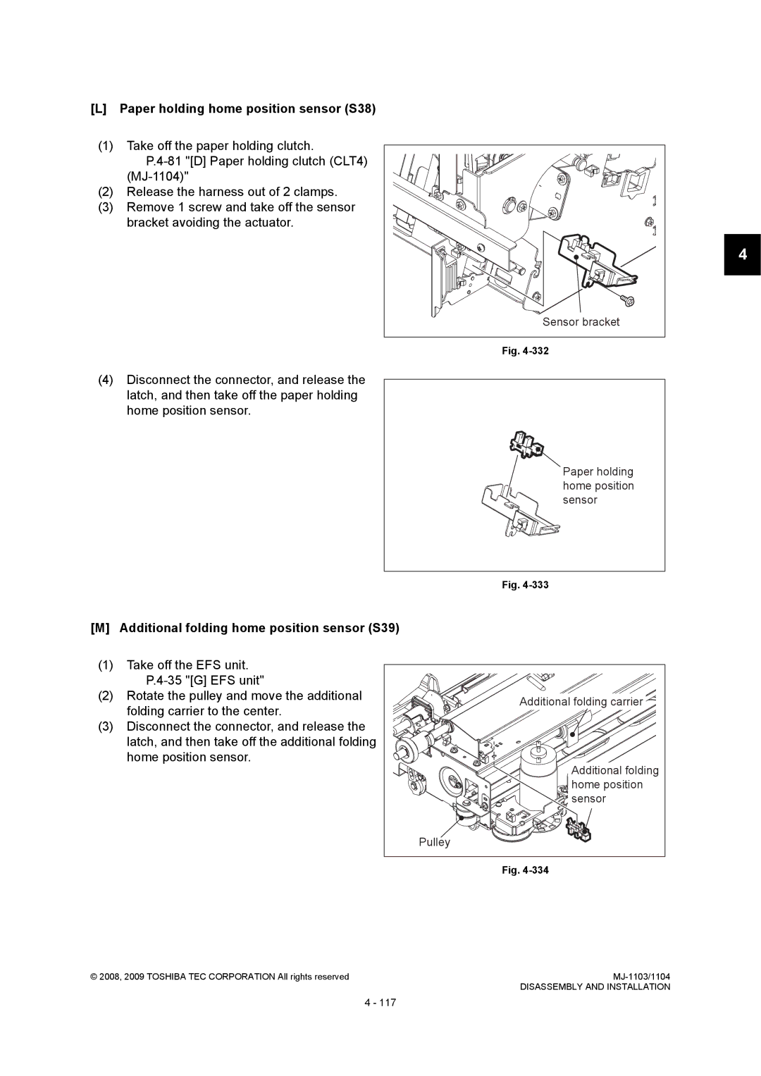 Toshiba MJ-1103 Paper holding home position sensor S38, Additional folding home position sensor S39, Sensor bracket 