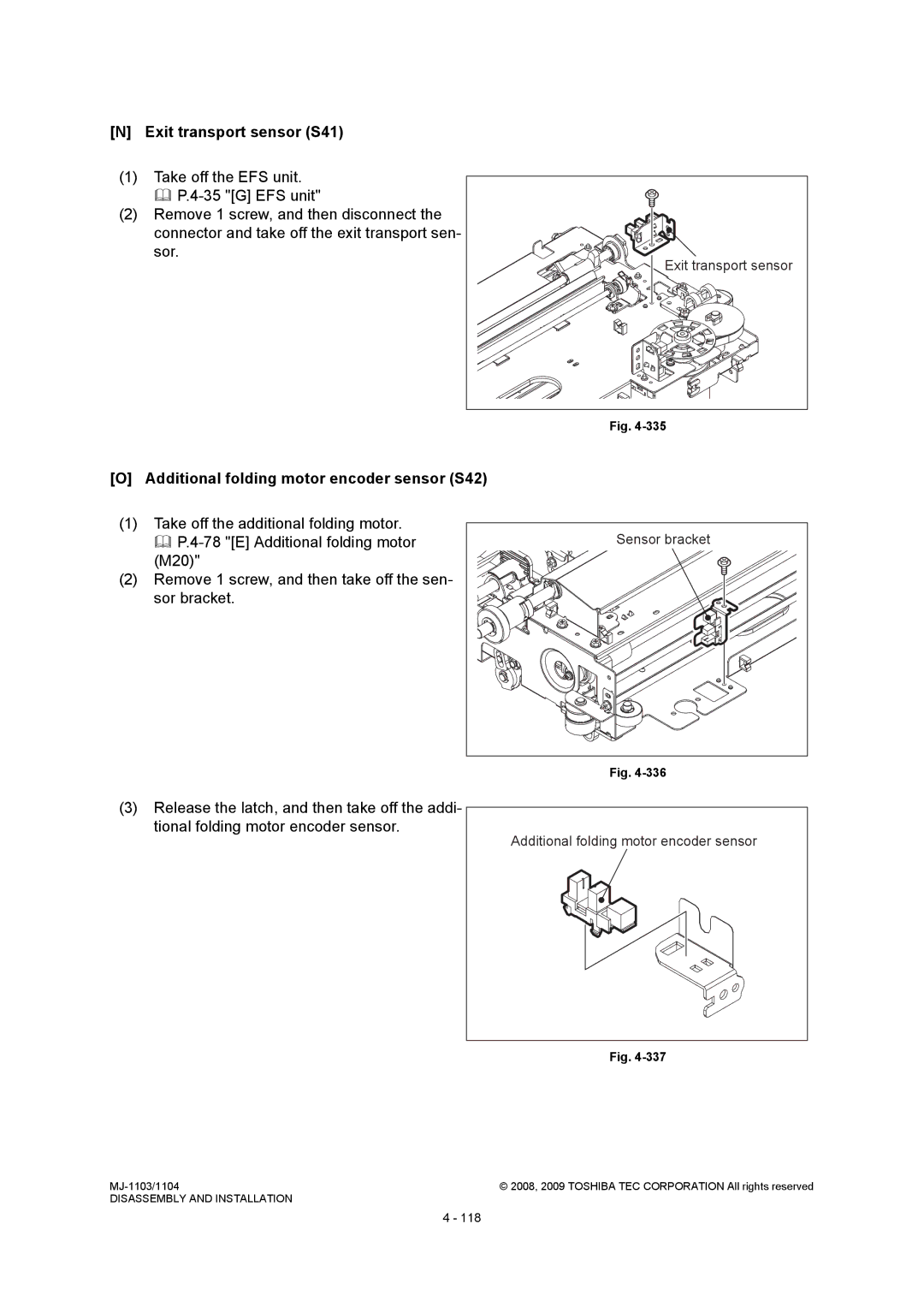 Toshiba MJ-1104, MJ-1103 service manual Exit transport sensor S41, Additional folding motor encoder sensor S42 