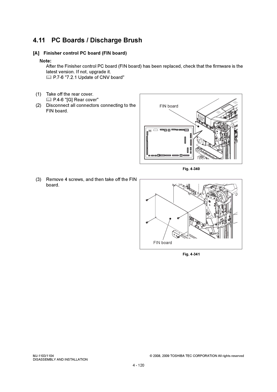 Toshiba MJ-1104, MJ-1103 service manual PC Boards / Discharge Brush, Finisher control PC board FIN board 