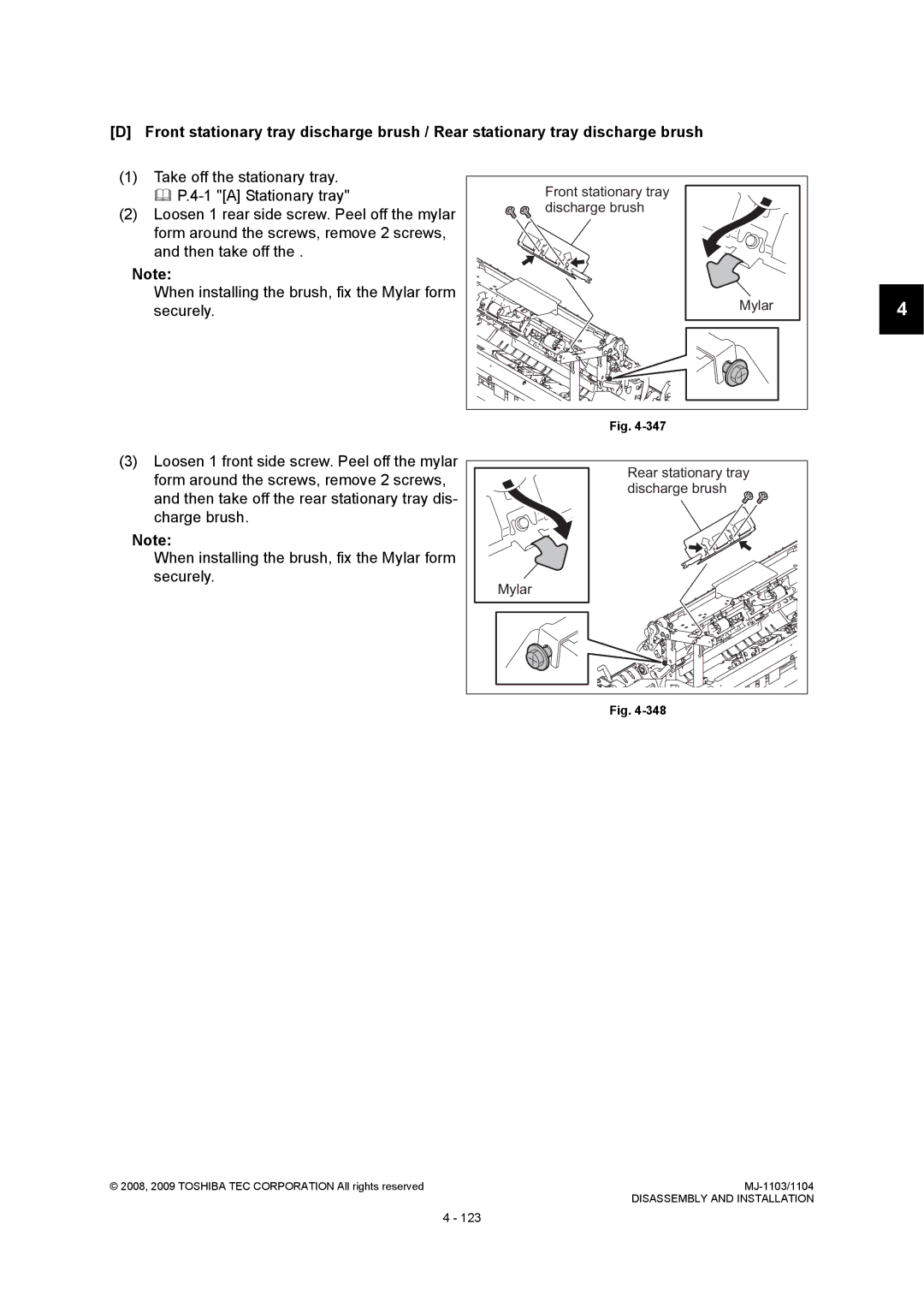 Toshiba MJ-1103, MJ-1104 service manual Front stationary tray, Discharge brush, Mylar, Rear stationary tray 