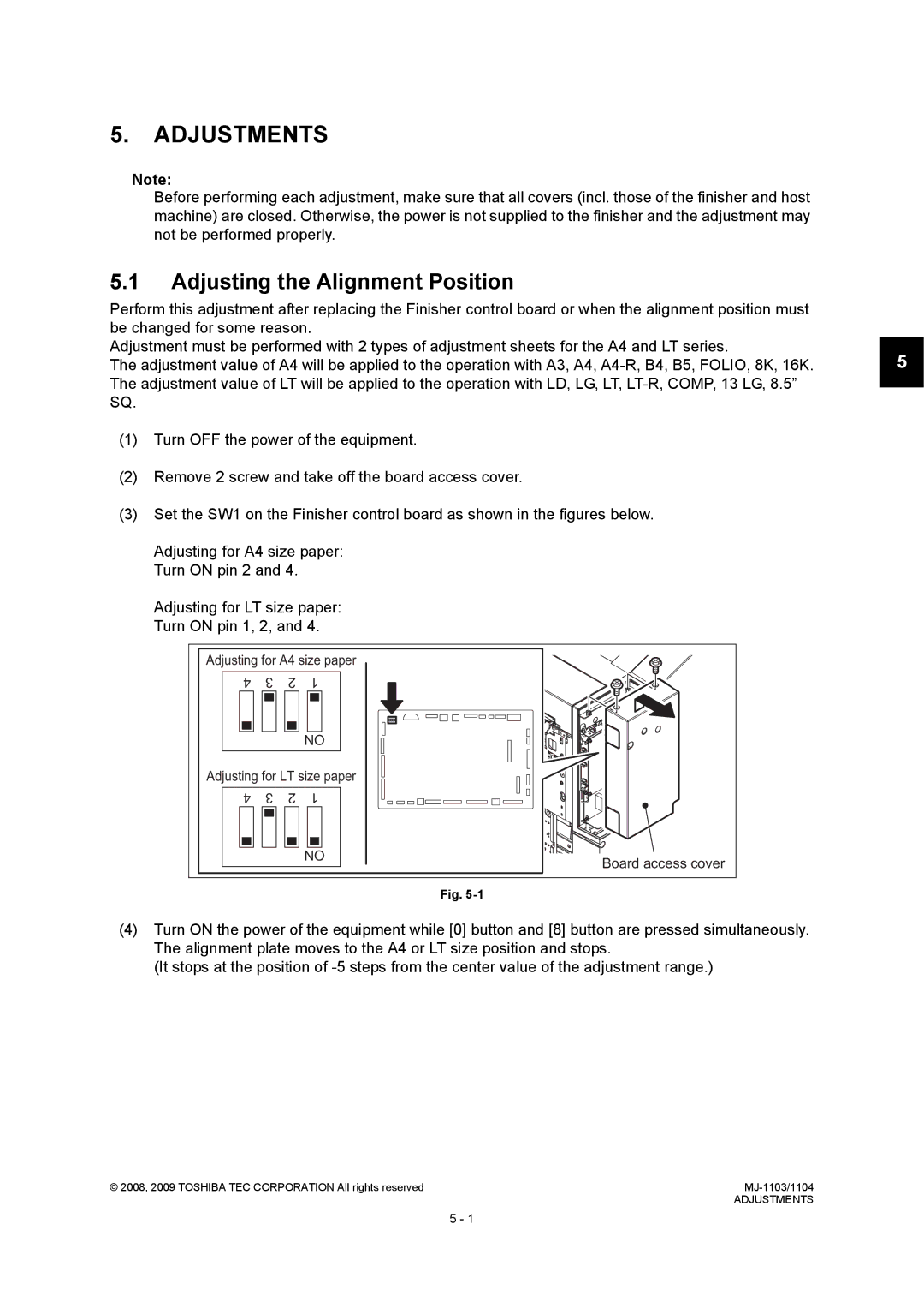 Toshiba MJ-1103, MJ-1104 Adjusting the Alignment Position, Adjusting for A4 size paper Adjusting for LT size paper 