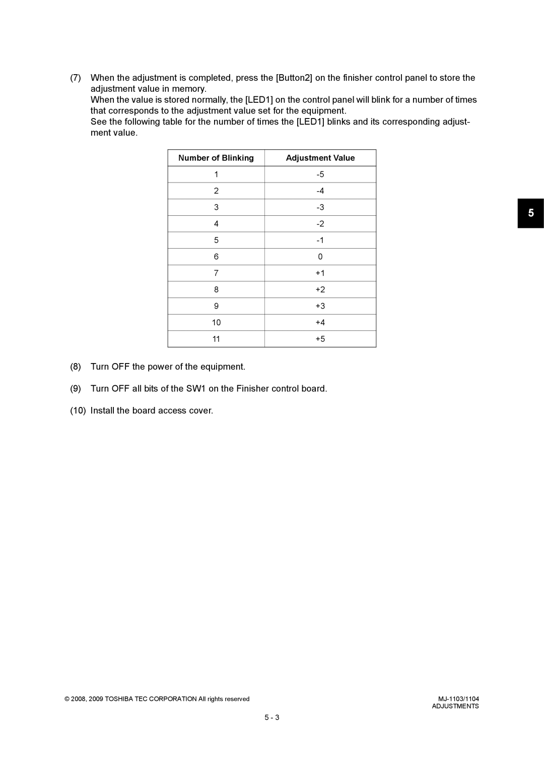 Toshiba MJ-1103, MJ-1104 service manual Number of Blinking Adjustment Value 