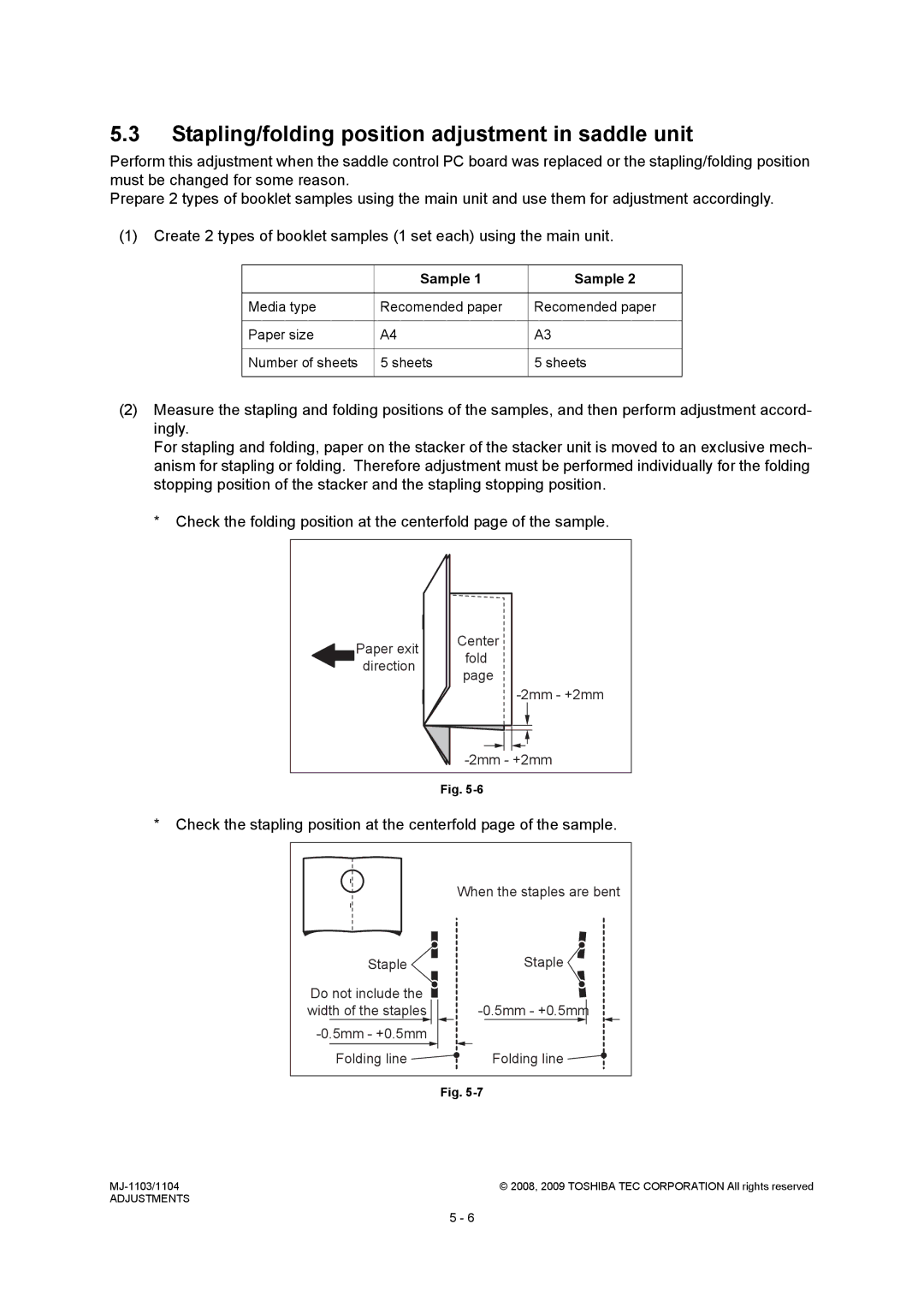 Toshiba MJ-1104, MJ-1103 service manual Stapling/folding position adjustment in saddle unit, Sample 