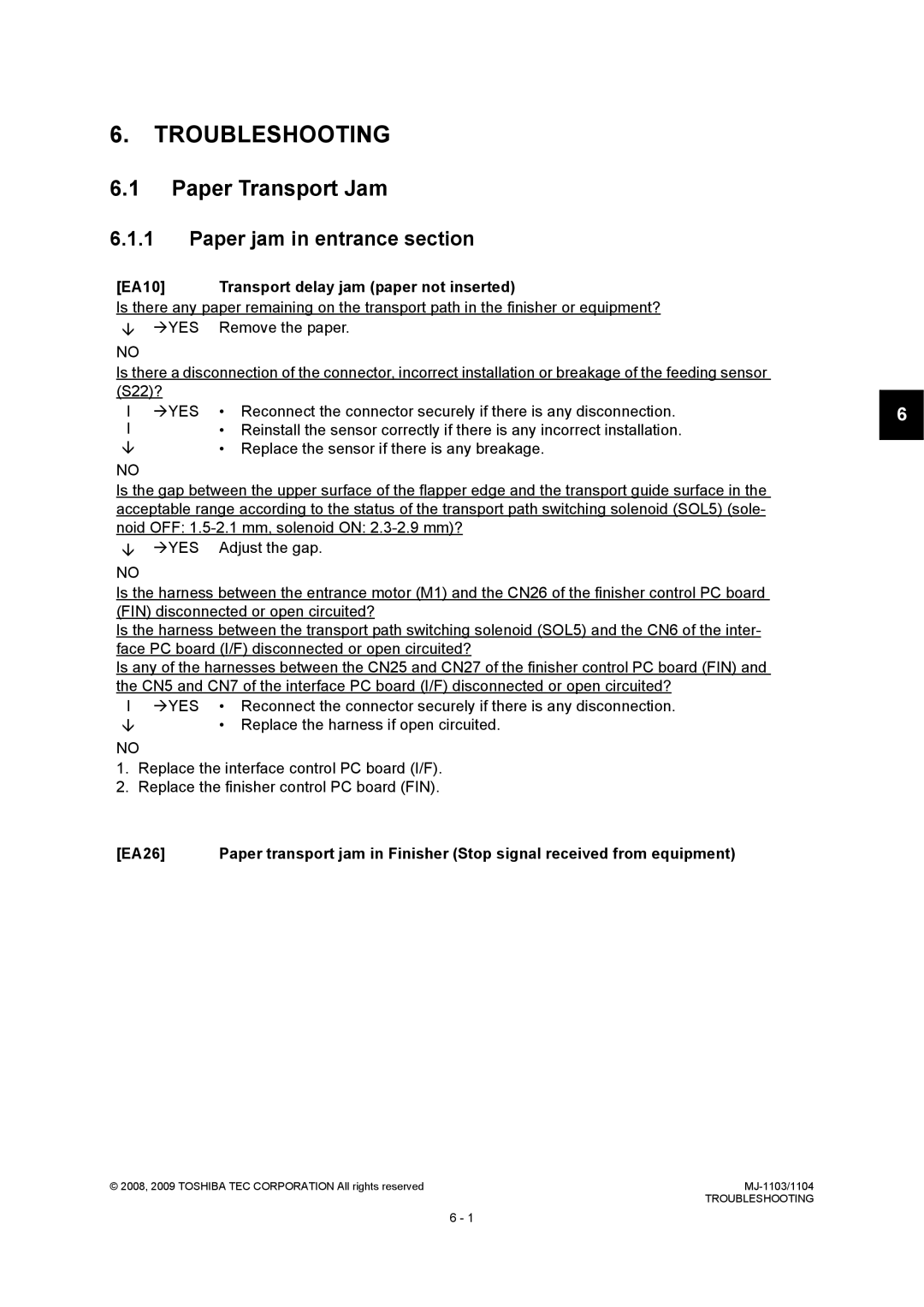 Toshiba MJ-1103, MJ-1104 Paper Transport Jam, Paper jam in entrance section, EA10 Transport delay jam paper not inserted 