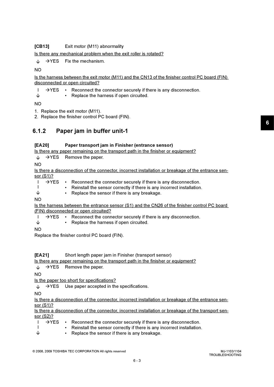 Toshiba MJ-1103, MJ-1104 service manual Paper jam in buffer unit-1, EA20 Paper transport jam in Finisher entrance sensor 