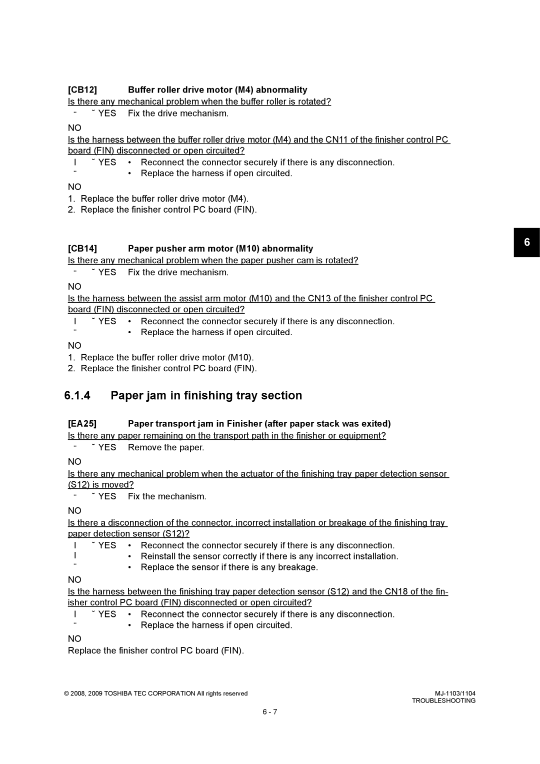 Toshiba MJ-1103, MJ-1104 service manual Paper jam in finishing tray section, CB12 Buffer roller drive motor M4 abnormality 