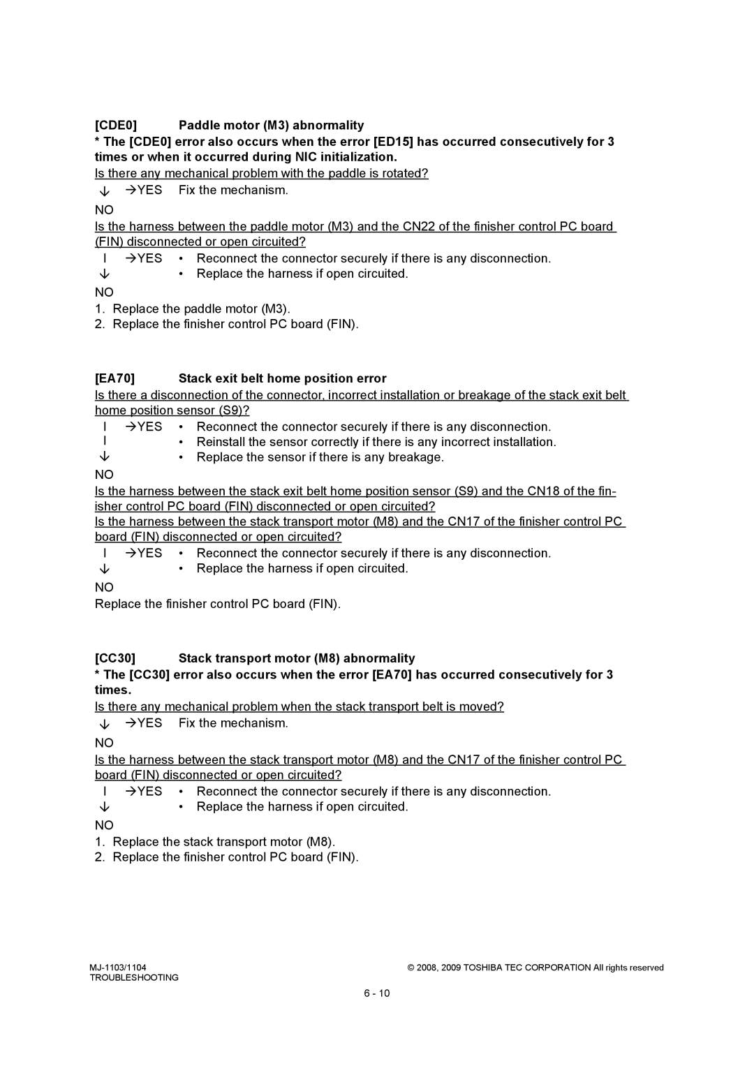 Toshiba MJ-1104, MJ-1103 service manual EA70 Stack exit belt home position error 