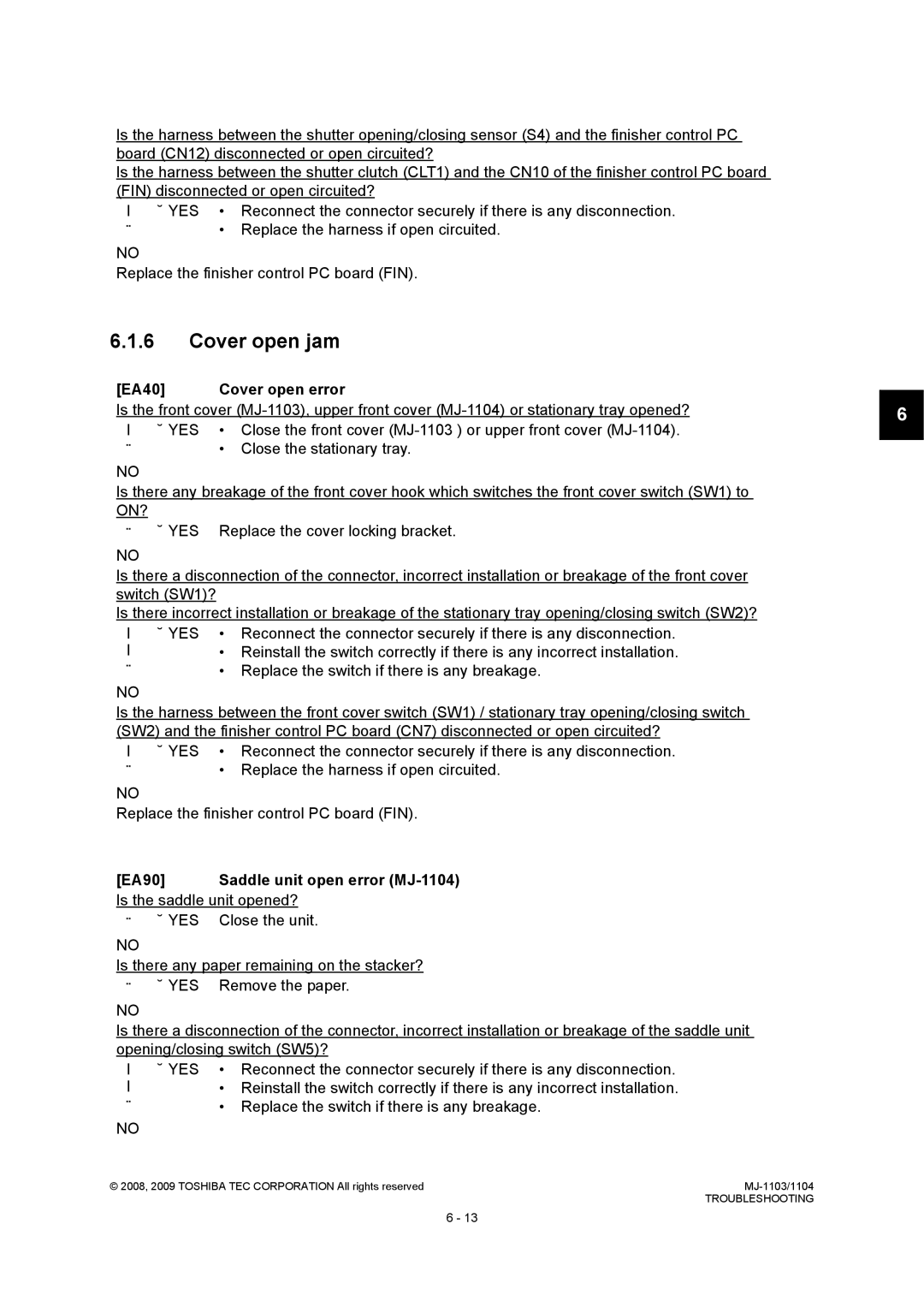 Toshiba MJ-1103 service manual Cover open jam, EA40 Cover open error, EA90 Saddle unit open error MJ-1104 